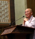 Venerable Pomnyun Sunim speaks inside the Church of Jesus Christ of Latter-day Saints in Koreatown Saturday.