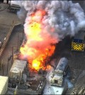 In this aerial still frame from video provided by Fox 11 LA, a waste treatment facity burns after an unstable chemical mixture exploded in Santa Paula, Calif., early Tuesday, Nov. 18, 2014, sending about 30 people to the hospital for decontamination and prompting an order to evacuate for a mile around the plant, authorities said. No burn injuries were reported, but two drivers on a vacuum truck, three firefighters, hospital medical staff and a few nearby residents were washed down or treated for complaints such as breathing problems, red eyes and skin rashes, said Lori Ross, a spokeswoman for the Ventura County Fire Department. The vacuum truck was delivering a load around 3:45 a.m. when it exploded at the Santa Clara Waste Water Co., authorities said. (AP Photo/Fox 11 LA)