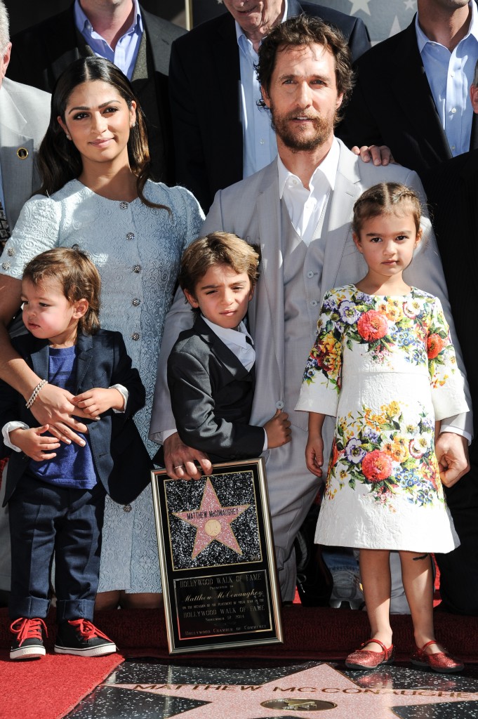 Matthew McConaughey, right, and his wife Camila Alves, with children, from left, Livingston Alves McConaughey, Levi Alves McConaughey, and Vida Alves McConaughey attend the ceremony honoring Matthew McConaughey with a star on the Hollywood Walk of Fame on Monday, Nov 17, 2014, in Los Angeles (Photo by Richard Shotwell/Invision/AP)