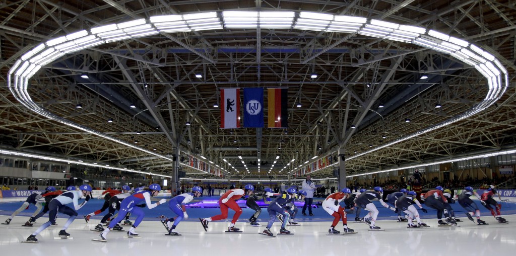 Athletes compete during the Men's Mass Start race of the speedskating World Cup, in Berlin, Germany. (AP Photo/Michael Sohn)