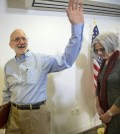 Alan Gross, waves as he and his wife Judy leave following his statement at his lawyer's office in Washington, Wednesday, Dec. 17, 2014. Gross was released from Cuba after 5 years in a Cuban prison. (AP Photo/Pablo Martinez Monsivais)