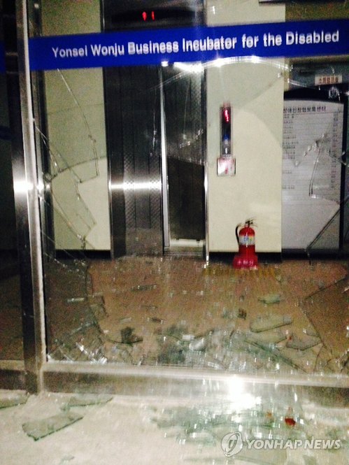 The boar broke through the glass door of the entrance and proceeded to damage the elevator doors ahead of it. (Yonhap)