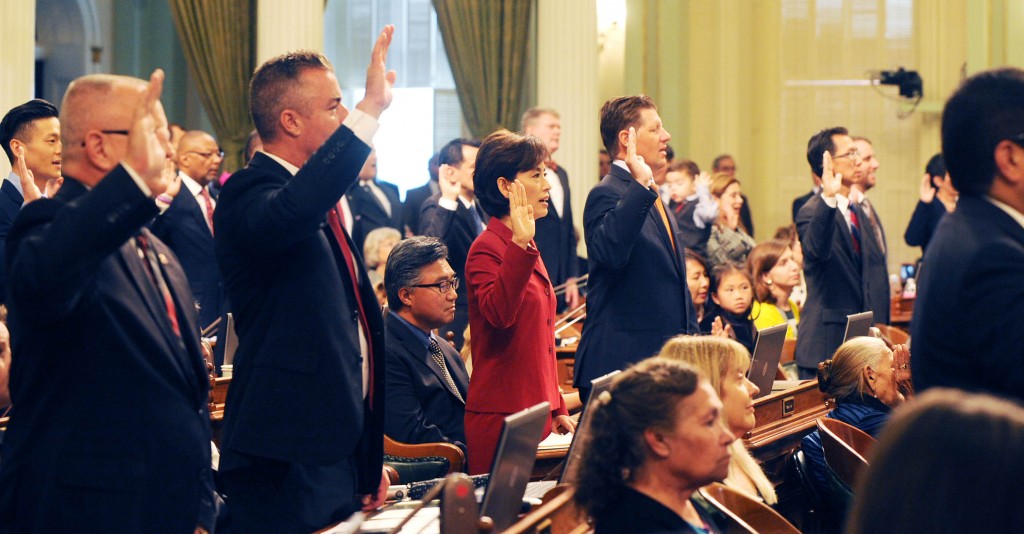 Assemblywoman Young Kim, third from left, during the swearing-in ceremony in Sacramento Monday. (Park Sang-hyuk/The Korea Times)