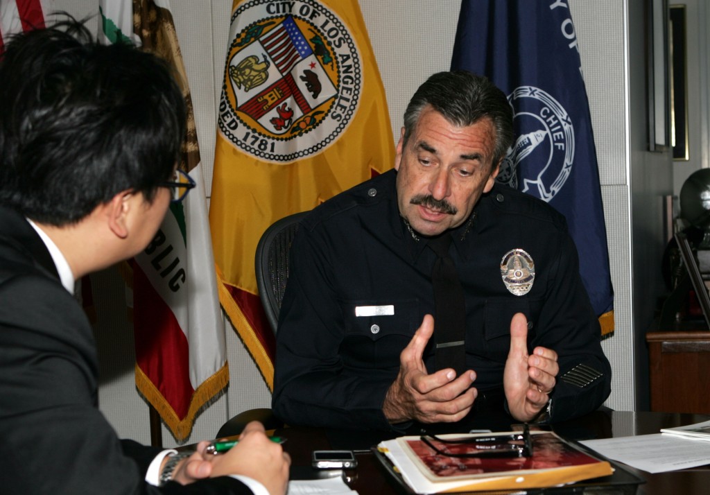 LAPD Chief Charlie Beck during an interview at LAPD's downtown headquarters. (Lee Woo-su/The Korea Times)