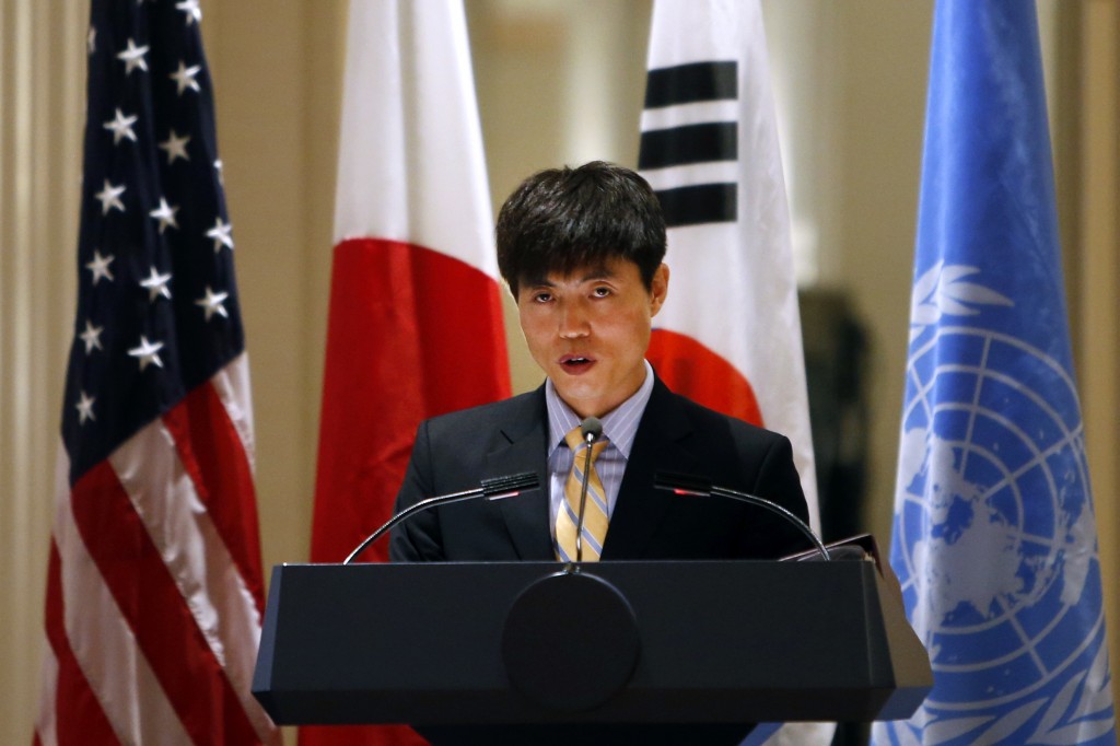 In this Sept. 23, 2014, file photo, North Korean human rights activist Shin Dong-hyuk delivers remarks during an event on human rights in North Korea at the Waldorf Astoria Hotel, in New York. Shin, who fled a North Korean prison camp and became the face of international efforts to hold the country accountable for widespread human rights abuses, has changed important parts of his life story. (AP Photo/Jason DeCrow)