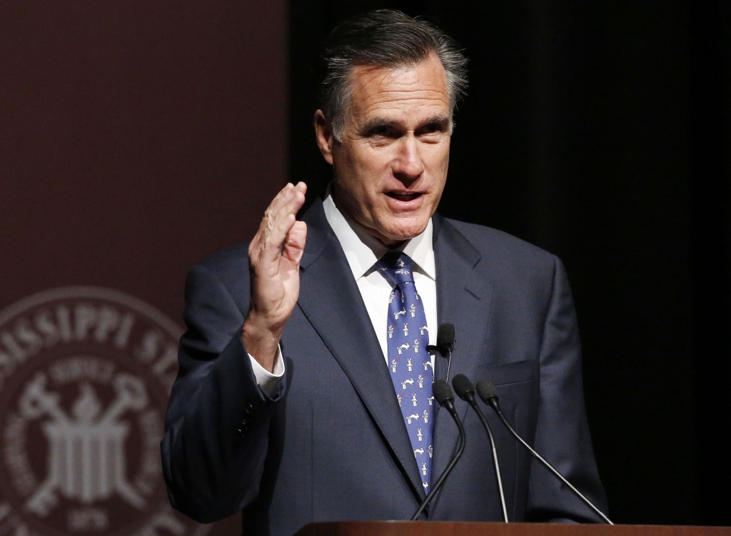 FILE - In this Jan. 28, 2015 file photo, former GOP presidential candidate Mitt Romney speaks at Mississippi State University in Starkville, Miss. Romney, the 2012 GOP presidential nominee Mitt Romney says he will not run for president in 2016. (AP Photo/Rogelio V. Solis, File)