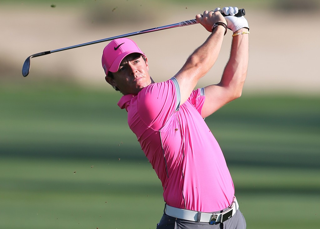 Rory McIlroy of Northern Ireland plays a ball on the16th hole during round two of the Dubai Desert Classic golf tournament in Dubai, United Arab Emirates, Friday, Jan. 30, 2015. (AP Photo/Kamran Jebreili)