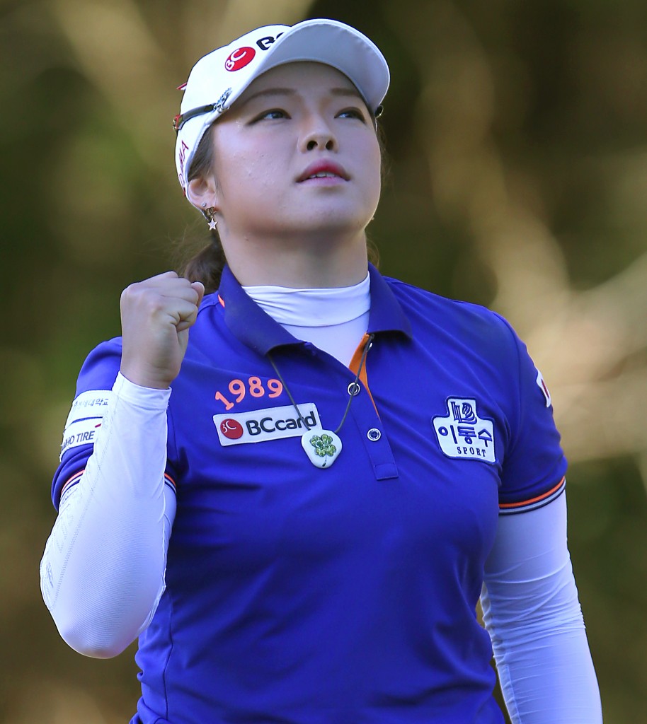 Jang Ha-na of South Korea, pumps her fist after her putt on the first hole during the second round of the Coates Golf Championship LPGA tournament at the Golden Ocala Golf and Equestrian Club in Ocala, Fla., Thursday, Jan. 29, 2015. (AP Photo/The Ocala Star-Banner, Bruce Ackerman)