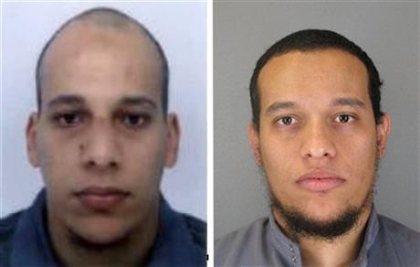 This photo provided by The Paris Police Prefecture Thursday, Jan.8, 2015 shows the suspects Cherif, left, and Said Kouachi in the newspaper attack along with a plea for witnesses. Police hunted Thursday for two heavily armed men, one with possible links to al-Qaida, in the methodical killing of 12 people at a satirical newspaper that caricatured the Prophet Muhammed. (AP Photo)