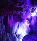 A climber ascends LED light-reflected ice cliff in Wonju, Gangwon Province, Tuesday, during a night ice climbing event held by Mammut Korea.
(Korea Times photo by Yun Suh-young)
