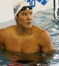 Park Tae-hwan looks at an electronic board after completing a 200-meter freestyle race at the national team trials in Gimcheon City, North Gyeongsang Province, on July 16, 2014. Park finished the race in 1:45.25, the fastest in the men's 200ｍ freestyle this year, outperforming the Australian swimmer Cameron McEvoy's 1:45.58. Park will also compete in the 100ｍ and 400ｍ in freestyle, and 200ｍ and 400ｍ in individual medley to qualify for the Incheon Asian Games in September. (Yonhap)