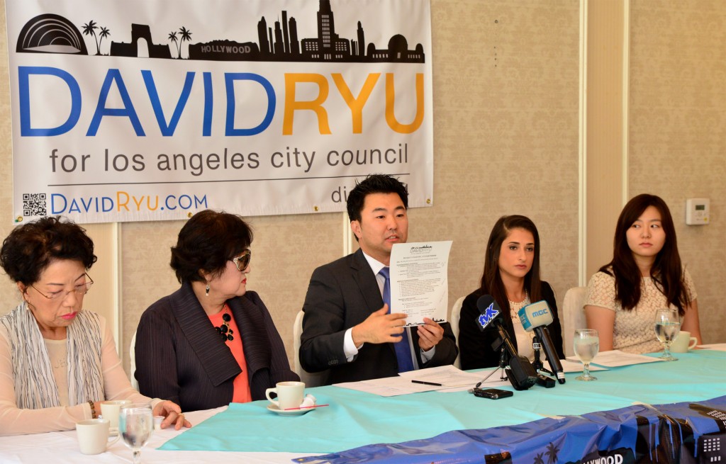 Los Angeles City Council candidate David Ryu speaks during a press conference.
