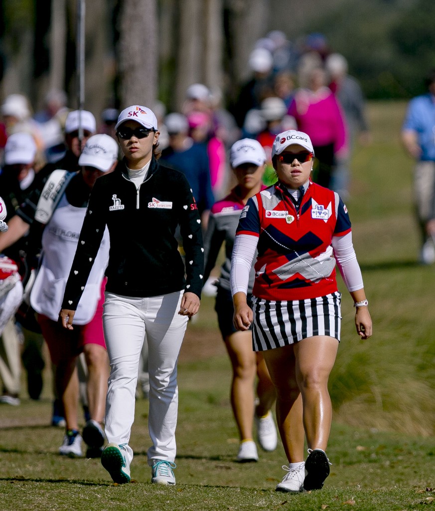 Choi Na-yeon, left, and Jang Ha Na walk up the eighth fairway together in the final round of the LPGA Coates Golf Championship Saturday, Jan. 31, 2015, at Golden Ocala Golf and Equestrian Club in Ocala, Fla. Choi won the event. (AP Photo/The Ocala Star-Banner, Cyndi Chambers)