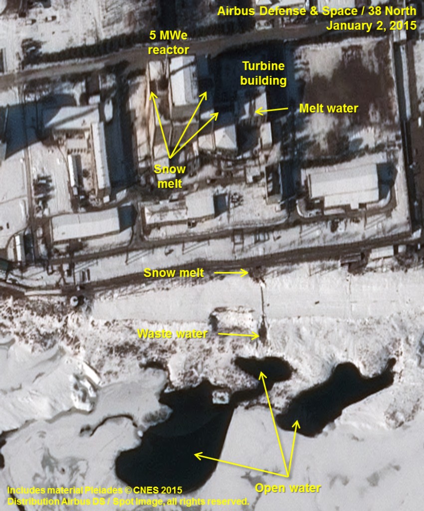 This Jan. 2, 2015, image provided by Airbus Defense and Space, Spot Image, and Pleiades - CNES via 38 North, a website specializing in analysis of North Korea, at the U.S.-Korea Institute at the Johns Hopkins School of Advanced International Studies shows an annotated satellite photo indicating signs of new activity at the 5 MWe Plutonium Production Reactor at North Koreas Nyongbyon Nuclear Scientific Research Center. The U.S.-Korea Institute at Johns Hopkins School of Advanced International Studies said on Thursday, Jan. 29, 2015, that North Korea may be attempting to restart its main nuclear bomb fuel reactor after a five-month shutdown. (AP Photo/Airbus Defense and Space, Spot Image, Pleiades - CNES via 38 North)