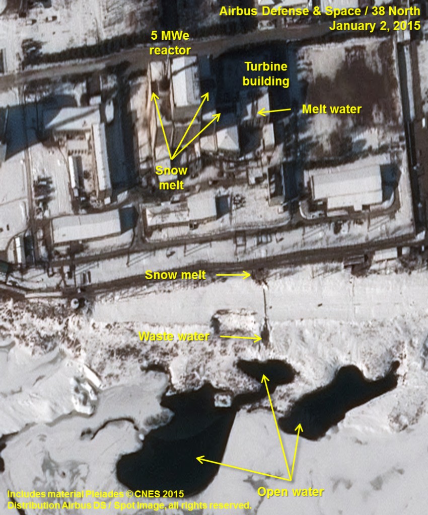 This Jan. 2, 2015, image provided by Airbus Defense and Space, Spot Image, and Pleiades - CNES via 38 North, a website specializing in analysis of North Korea, at the U.S.-Korea Institute at the Johns Hopkins School of Advanced International Studies shows an annotated satellite photo indicating signs of new activity at the 5 MWe Plutonium Production Reactor at North Koreas Nyongbyon Nuclear Scientific Research Center. The U.S.-Korea Institute at Johns Hopkins School of Advanced International Studies said on Thursday, Jan. 29, 2015, that North Korea may be attempting to restart its main nuclear bomb fuel reactor after a five-month shutdown.  (AP Photo/Airbus Defense and Space, Spot Image, Pleiades - CNES via 38 North)