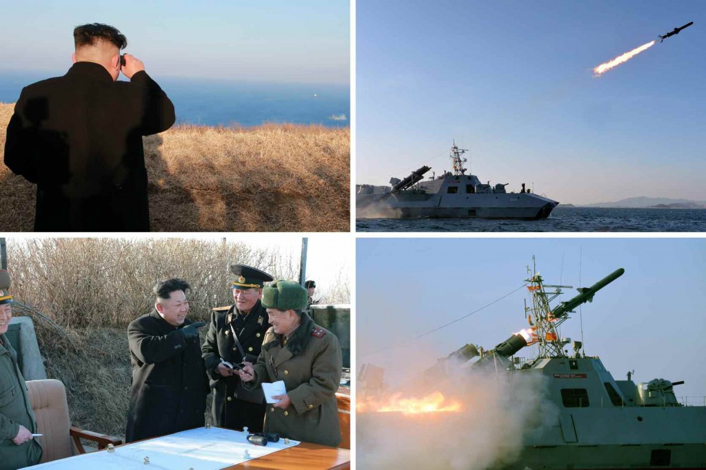 North Korea leader Kim Jong-un watchs the test-firing of a new anti-ship rocket, according to its state media on Feb. 7, 2015. (Yonhap file photo)