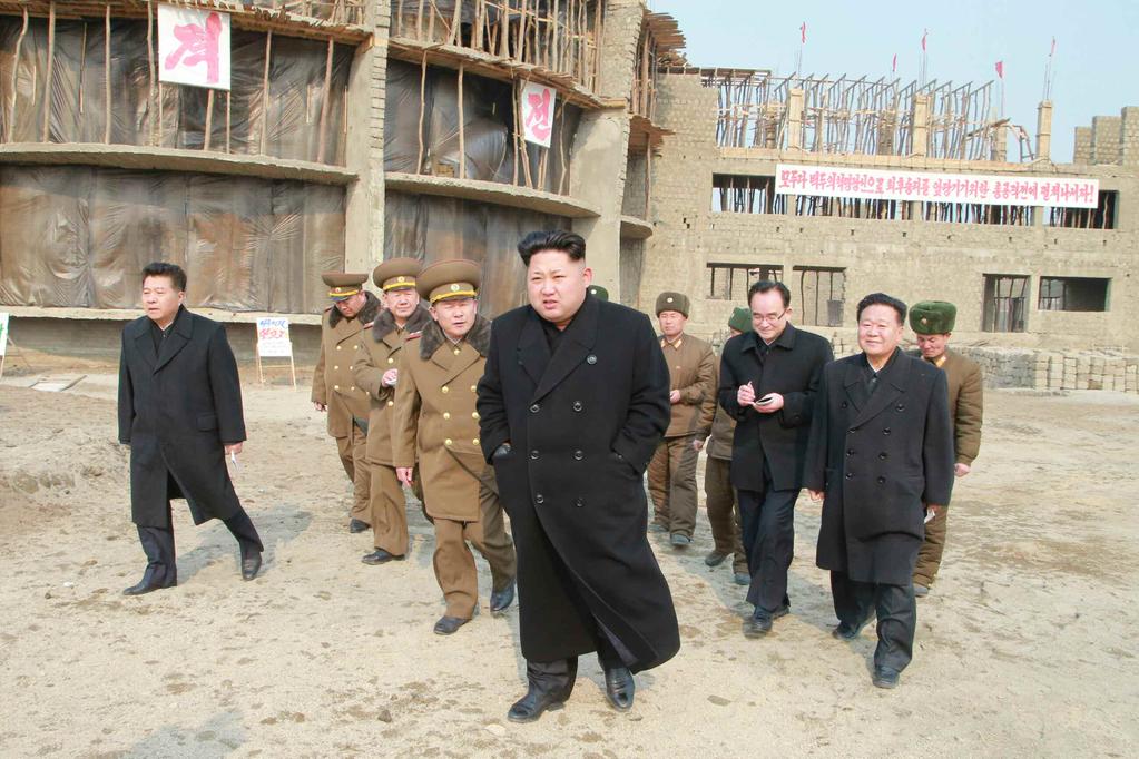 This Rodong Sinmun photo released on Feb. 11, 2015 shows North Korean leader Kim Jong-un visiting the construction site of an orphanage in Wonsan on the east coast. (Yonhap)
