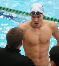 Park Tae-hwan speaks to his coaching staff at a pool in Incheon, west of Seoul, on Sept. 19, 2014, while practicing for the 17th Incheon Asian Games, which open later in the day. (Yonhap)