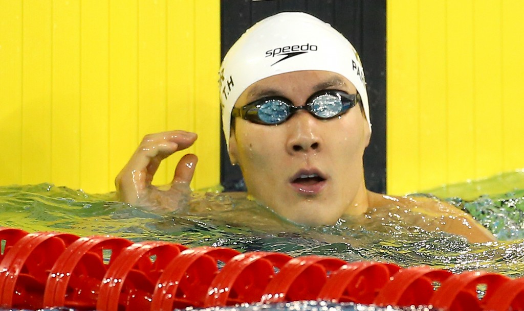 Park Tae-hwan checks his time after competing men's 200-meter freestyle swimming heat at the 17th Asian Games in Incheon, on Sept. 21, 2014.  (AP-Yonhap)