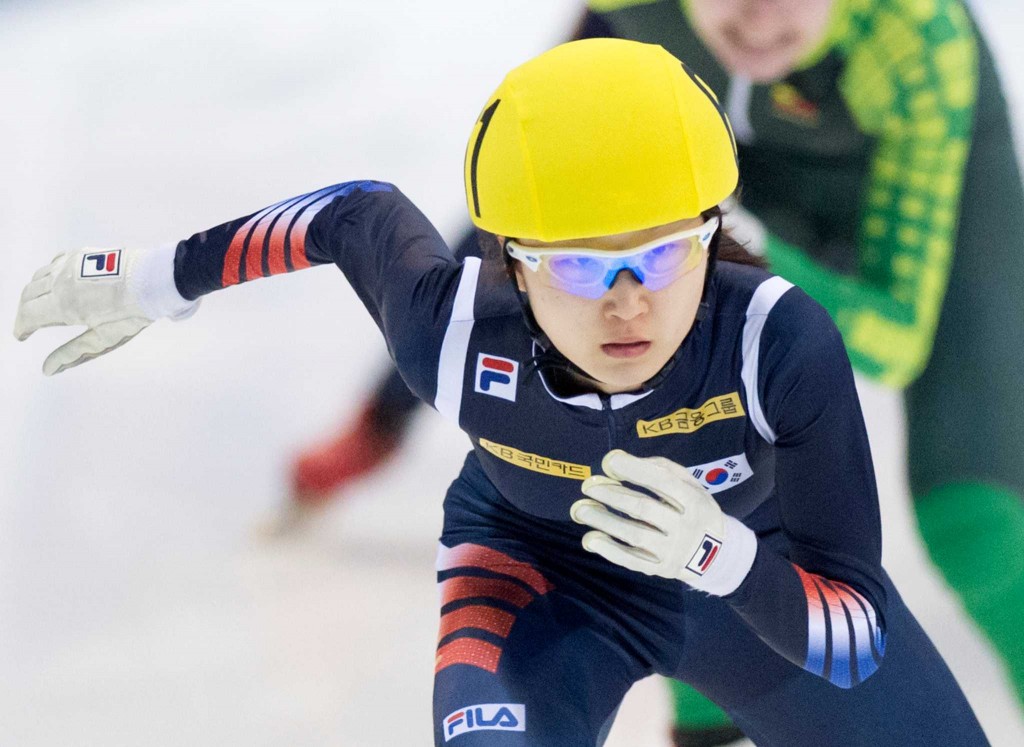 Winner Choi Minjeong of South Korea skates during the women's 1,500 meters final race at the World Cup short track speed skating championship in Dresden, Germany, Saturday, Feb. 7, 2015. (AP Photo/Jens Meyer)