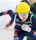 Winner Choi Minjeong of South Korea skates during the women's 1,500 meters final race at the World Cup short track speed skating championship in Dresden, Germany, Saturday, Feb. 7, 2015. (AP Photo/Jens Meyer)