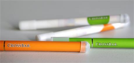 This Thursday, Feb. 12, 2015 photo shows CrossBar brand electronic cigarettes in Cleveland. Jamie Mosley, jail administrator of the Laurel County Correctional Center in London, Ky., developed the CrossBar brand of electronic cigarettes that is sold to many jails around the country. Mosley says the products are designed especially for jails and are made out of soft clear plastic to help prevent inmates from fashioning weapons out of them. (AP Photo/Tony Dejak)
