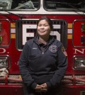 Sarinya Srisakul, the first Asian-American woman firefighter in the New York City Fire Department, works at the fire house for Engine 5 in Manhattan. (Courtesy of John Brecher / NBC News)