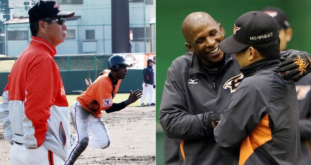 Former big leaguer Nyjer Morgan is making friends with Korean players, but not with his manager Kim Sung-geun, left. (Yonhap photos)