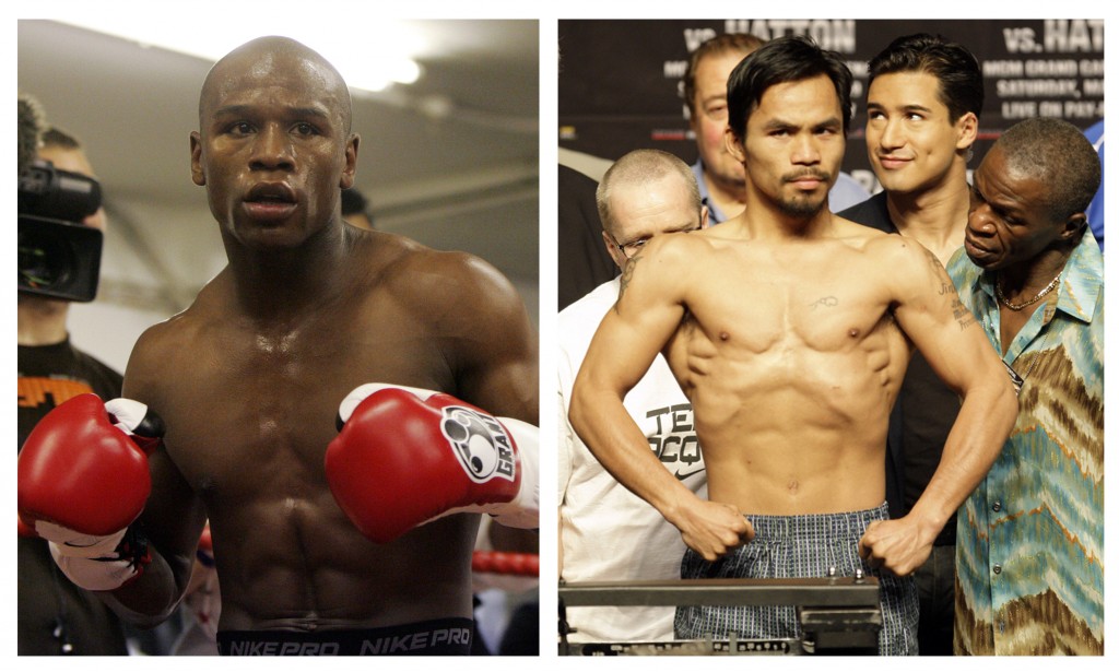 FILE - In this combination of file photos, U.S. boxer Floyd Mayweather Jr., left, prepares to spar at a gym in east London on May 22, 2009, and Manny Pacquiao, right, of the Philippines, weighs in for the junior welterweight boxing match against British boxer Ricky Hatton, May 1, 2009, in Las Vegas. The March 13 , 2010 megafight between Manny Pacquiao and Floyd Mayweather Jr. has been thrown into jeopardy. Mayweather's camp is demanding the fighters submit to Olympic-type drug testing in the weeks leading up to the bout. Leonard Ellerbe, Mayweather's manager, says the fight will not go on if Pacquiao doesn't agree to blood testing under standards followed by the United States Anti-Doping Agency. (AP Photos/Alastair Grant and Rick Bowmer, File)