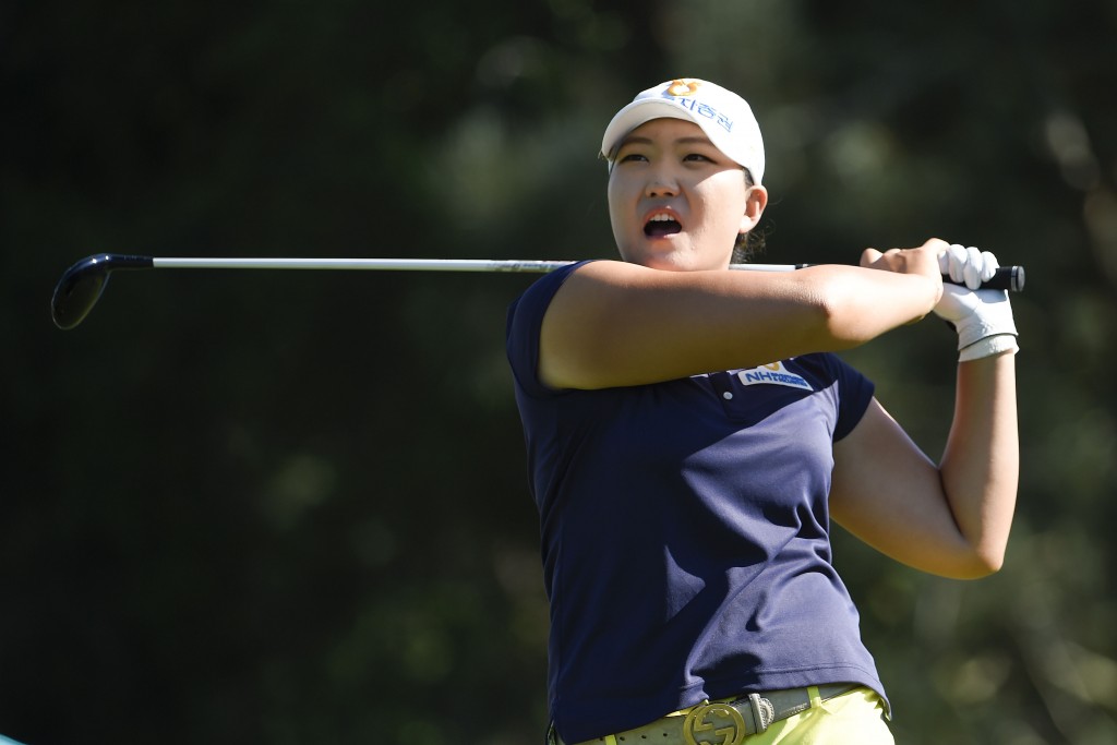 Mirim Lee, of South Korea, watches her tee shot off the 13th hole during the final round of the LPGA Kia Classic golf tournament Sunday, March 29, 2015 in Carlsbad, Calif.  (AP Photo/Denis Poroy)
