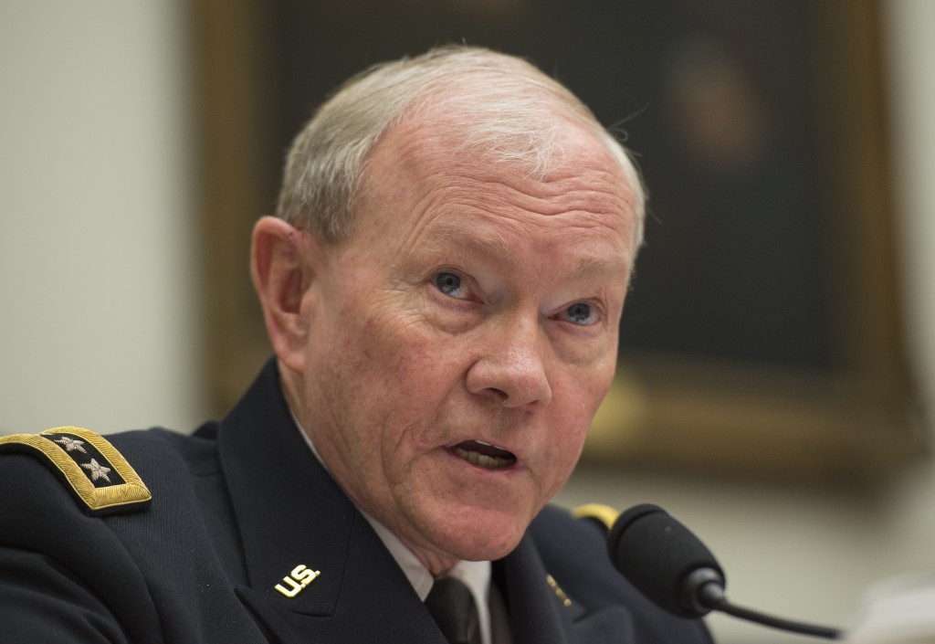 Joint Chiefs Chairman Gen. Martin Dempsey testifies on Capitol Hill in Washington, Wednesday, March 18, 2015, before the House Armed Services Committee hearing on President Obama's use of military force proposal against IS and the Defense Department's budget. (AP Photo/Molly Riley)