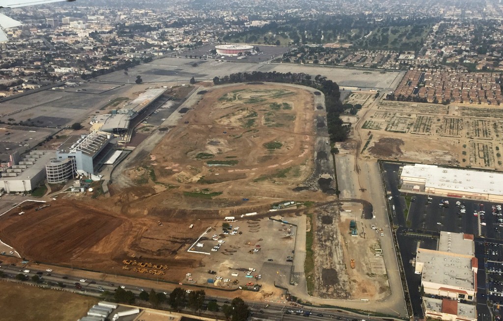 This Feb. 20, 2015, aerial photo taken from the window of a commercial airliner shows the former Hollywood Park horse track in Inglewood, Calif. The Inglewood City Council unanimously approved a $2 billion stadium plan for the site, backed by St. Louis Rams owner Stan Kroenke, that clears a path for the NFL to return to the Los Angeles area for the first time in two decades on Tuesday, Feb. 25. (AP Photo/Oscar W. Gabriel)