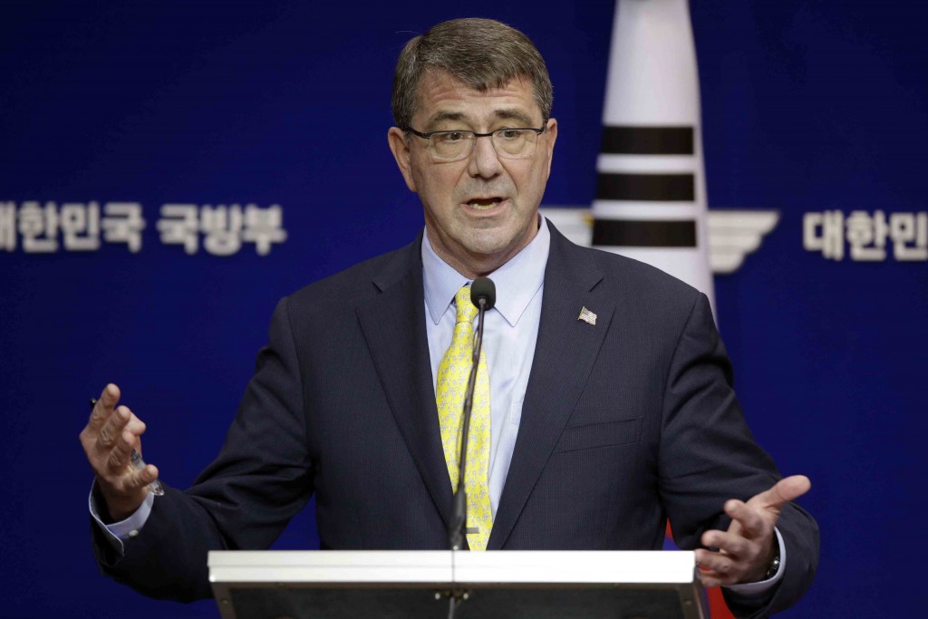 U.S. Defense Secretary Ash Carter answers reporters' question during a joint news conference with his South Korean counterpart Han Min Koo at the Defense Ministry in Seoul, South Korea, Friday, April 10, 2015.  U.S. Defense Secretary Carter said the U.S. has made progress against the Islamic State group in Iraq but cannot predict how long the fight will take. (AP Photo/Lee Jin-man, Pool)