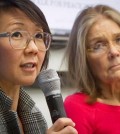 Organizers of the effort called WomenCrossDMZ.org, including lead coordinator Christine Ahn, left, and honorary co-chair Gloria Steinem, right, hold a United Nations news conference announcing plans for a rare and risky women's walk across the demilitarized zone between North and South Korea to call for reunification, in this March 11, 2015 file photo. Ahn said in an email Friday April 3, 2015 they have Pyongyang's cooperation and support.". (AP Photo/Bebeto Matthews)