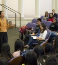 Prof. Ji-Yeon Yuh discusses the trend of the “Asian bubble,” which she related to the historic segregation of Asian-Americans in U.S. communities. The event, held at Harris Hall, attracted about 100 students. (Photo credit: The Daily Northwestern/Nathan Richards)