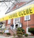 Firefighters go back into the church to check on its condition. The roof of the Korean Union United Methodist Church collapsed during services for the Manantial De Vida Church, Sunday, April 5, 2015, in Rahway, NJ. One person was seriously injured; about a dozen others had minor injuries. The injured people reportedly were members of a separate congregation that rents out space at the church. None of the injuries were considered life-threatening. (AP Photo/The Star-Ledger, Aristide Economopoulos)