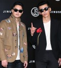 Members of Korean hip-hop duo Jinusean pose during a press conference in Seoul, Wednesday. (Yonhap)