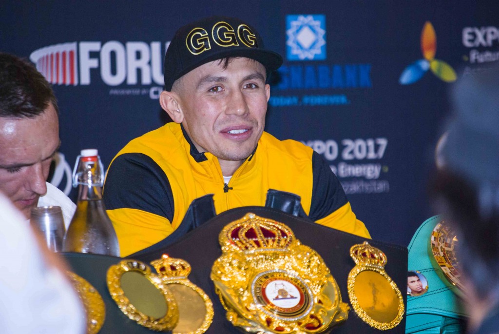 Undefeated middleweight champion Gennady "GGG" Golovkin at a press conference in Los Angeles, Calif. Tuesday. (Brian Han/Korea Times)