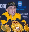 Undefeated middleweight champion Gennady "GGG" Golovkin at a press conference in Los Angeles, Calif. Tuesday. (Brian Han/Korea Times)