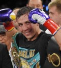Gennady Golovkin, of Kazakhstan, poses after defeating Willie Monroe Jr. in a middleweight boxingbout, Saturday, May 16, 2015, in Inglewood, Calif. Golovkin won when the fight was stopped in the sixth round. (AP Photo/Mark J. Terrill)