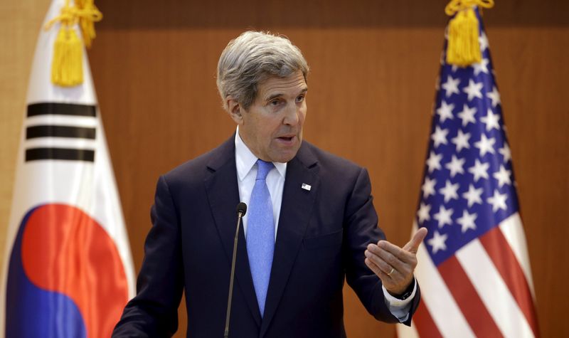 U.S. Secretary of State John Kerry answers a reporter's question during a joint news conference following meetings with South Korean Foreign Minister Yun Byung-se at the Foreign Ministry in Seoul, South Korea, Monday, May 18, 2015. (AP Photo/Lee Jin-man, Pool)
