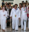 International women activists including Gloria Steinem and two Nobel Peace laureates on Sunday return to South Korean side after being allowed to cross the demarcation line on bus. (Yonhap)