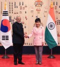 Indian Prime Minister Narendra Modi, left,  shakes hands with South Korean President Park Geun-hye prior to their meeting at the presidential Blue House Monday, May 18, 2015 in Seoul, South Korea. (Chung Sung-Jun/Pool Photo via AP)