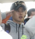 South Korean singer and actor Kim Hyun-joong salutes during a ceremony at a boot camp for the Army's 30th Division in Goyang, northwest of Seoul, on May 12, 2015, to mark the new conscripts' entry into the camp. All able-bodied South Korean men are required to serve almost two years in the military. (Yonhap)