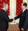Russian President Vladimir Putin (L) and   North Korean Chairman of the Presidium of the Supreme People's Assembly Kim Yong-nam shake hands at their meeting in the Kremlin in Moscow, Russia, on May 9, 2015. (Yonhap file photo)