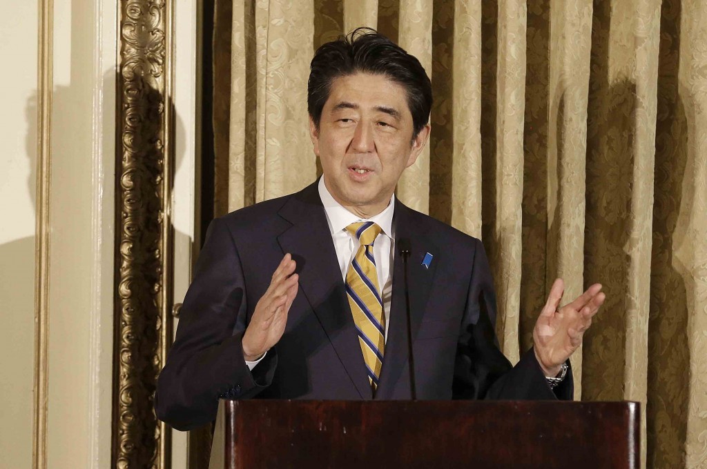 Japanese Prime Minister Shinzo Abe speaks at the Fairmont Hotel in San Francisco, Thursday, April 30, 2015. (AP Photo/Jeff Chiu, Pool)