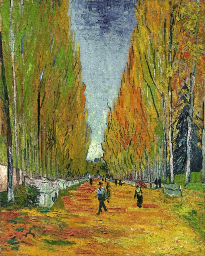 This undated photo provided by Sotheby's shows the Vincent van Gogh painting, "The Allee of Alyscamps" that the auction house predicts will fetch more than $40 million when it is auctioned in New York on Tuesday, May 5, 2015. It depicts a lush autumnal scene that the artist created in 1888 while working side-by-side for two months with his friend Paul Gauguin in Arles, in the south of France. (Sotheby's via AP)