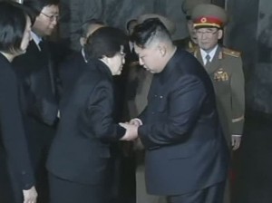 In this Dec. 26, 2011 image made from APTN video, Kim Jong Un, right, late North Korean leader Kim Jong Il's youngest known son and successor, shakes hands with Lee Hee-ho, the wife of former South Korean President Kim Dae-jung who visits Kumsusan Memorial Palace to pay respects to the late leader in Pyongyang, North Korea. (AP Photo/APTN)