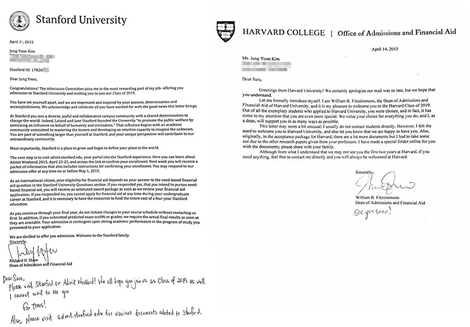 Kim Jung-yoon's acceptance letters from Stanford University and Harvard College, provided by her father Kim Jung-wook to Korean media, were confirmed forgeries by representatives from both institutions this week.