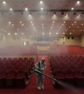 A worker wearing protective gears sprays antiseptic solution as a precaution against the spread of MERS, Middle East Respiratory Syndrome, virus at an art hall in Seoul, South Korea. The outbreak of Middle East respiratory syndrome has caused panic in South Korea. (AP Photo/Lee Jin-man)